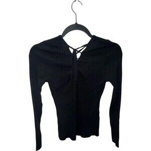 Love Tree Black Ribbed Knit Sweater with Lace-Up Detail
